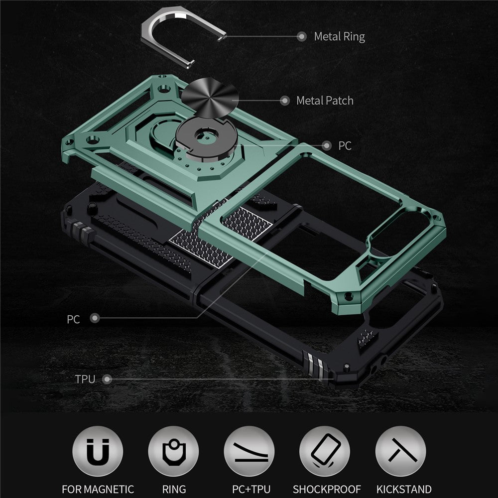 For Samsung Galaxy Z Flip7 FE 5G / Z Flip6 5G Case TPU+PC Phone Cover with Ring Kickstand Drop Protection - Blackish Green