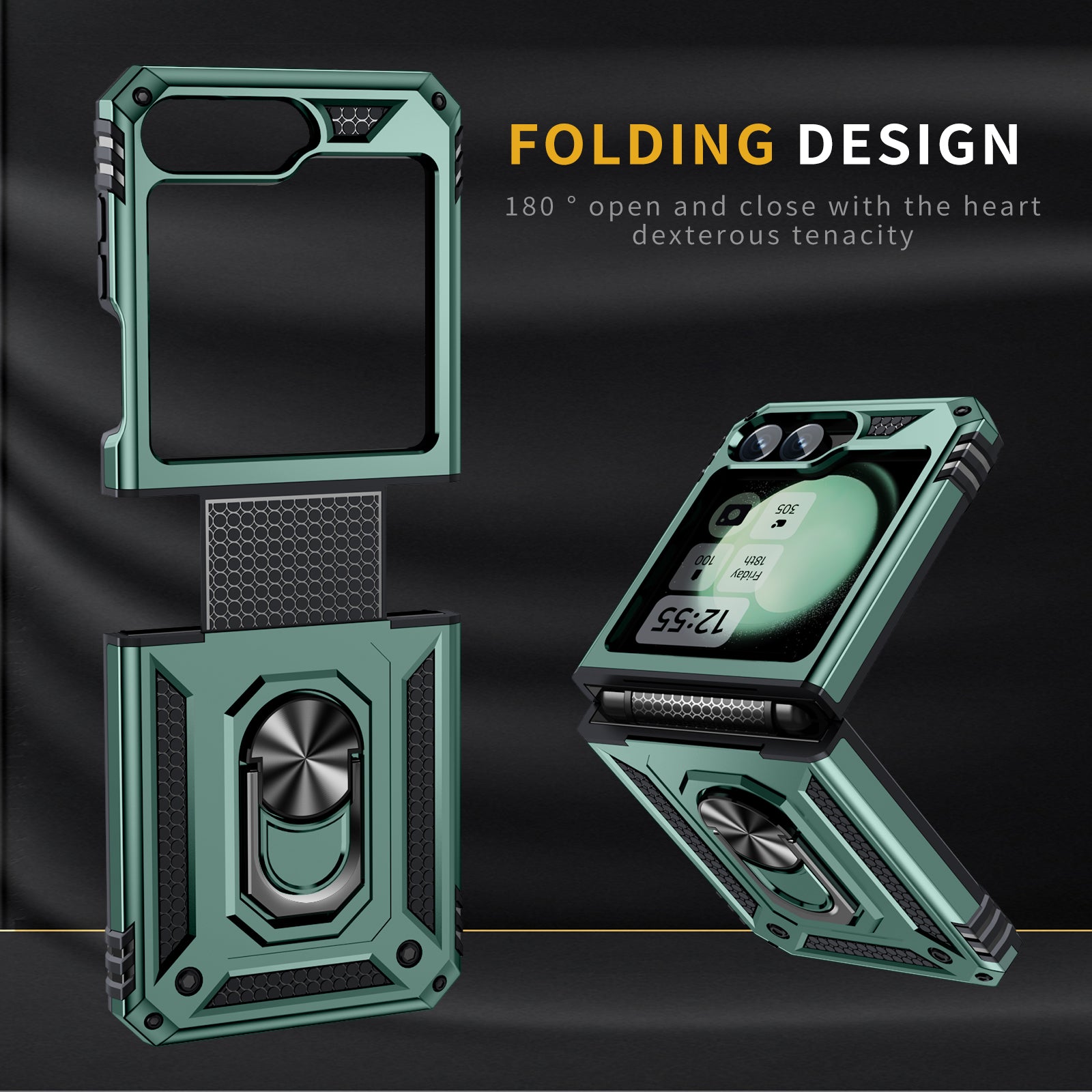 For Samsung Galaxy Z Flip5 5G Case TPU+PC Phone Cover with Ring Kickstand Drop Protection - Blackish Green
