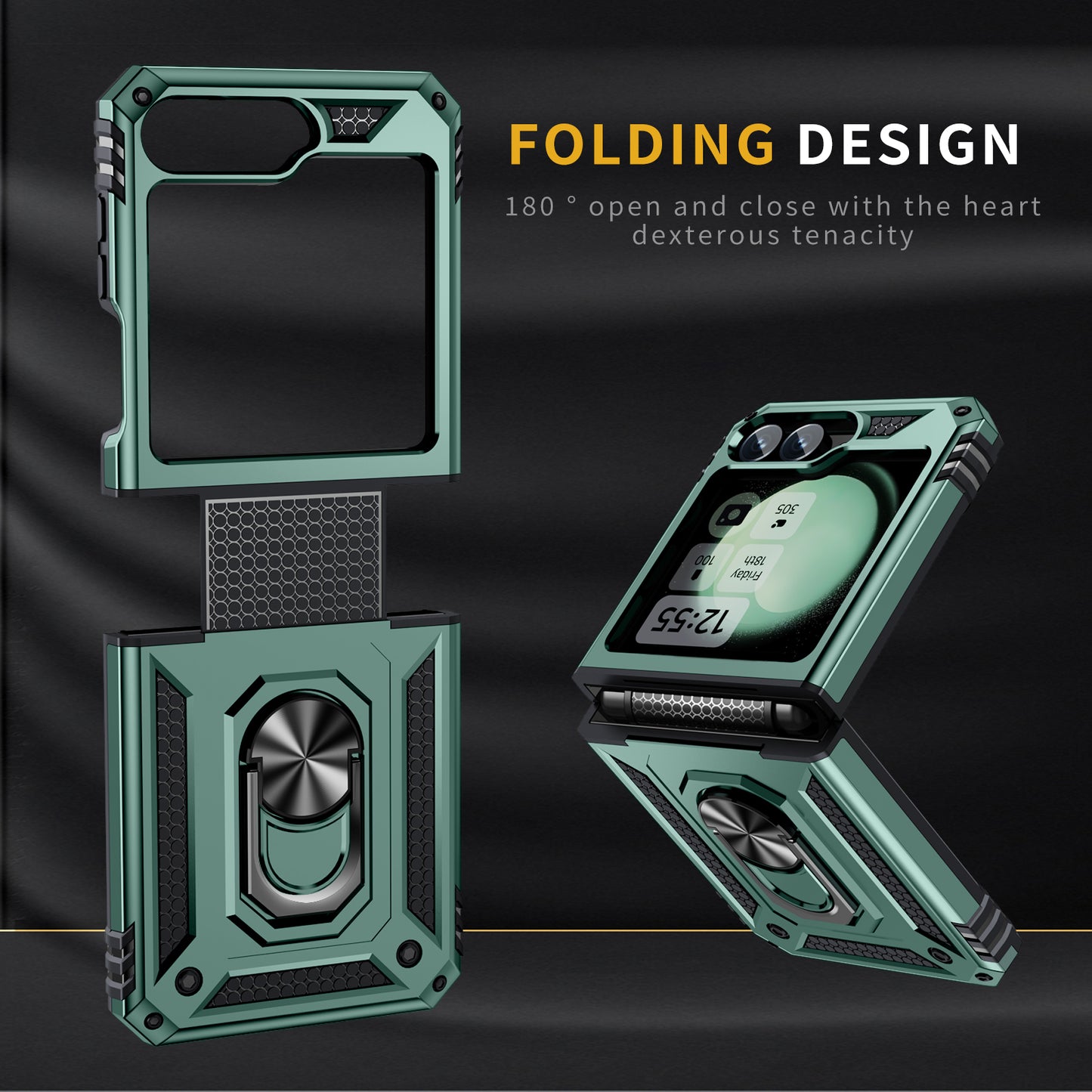 For Samsung Galaxy Z Flip5 5G Case TPU+PC Phone Cover with Ring Kickstand Drop Protection - Blackish Green