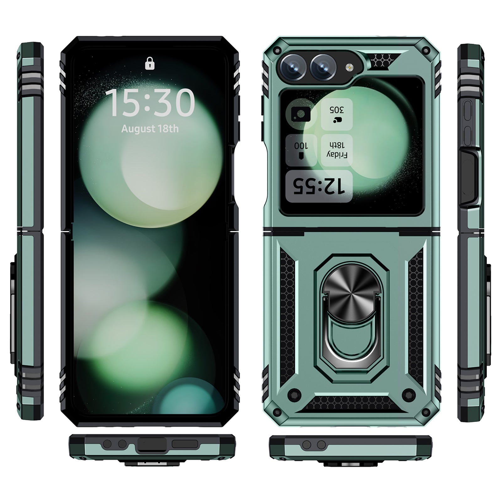For Samsung Galaxy Z Flip5 5G Case TPU+PC Phone Cover with Ring Kickstand Drop Protection - Blackish Green