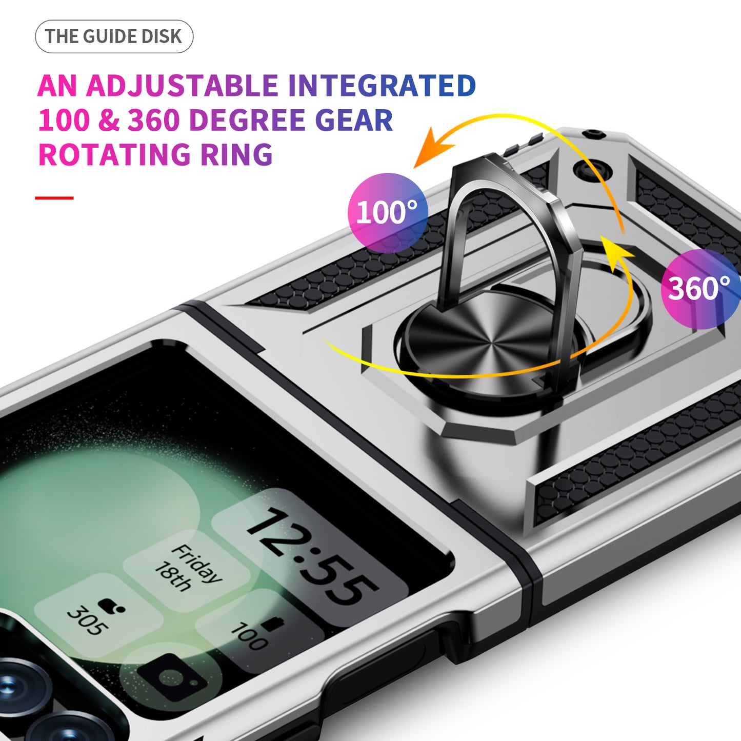 For Samsung Galaxy Z Flip5 5G Case TPU+PC Phone Cover with Ring Kickstand Drop Protection - Silver
