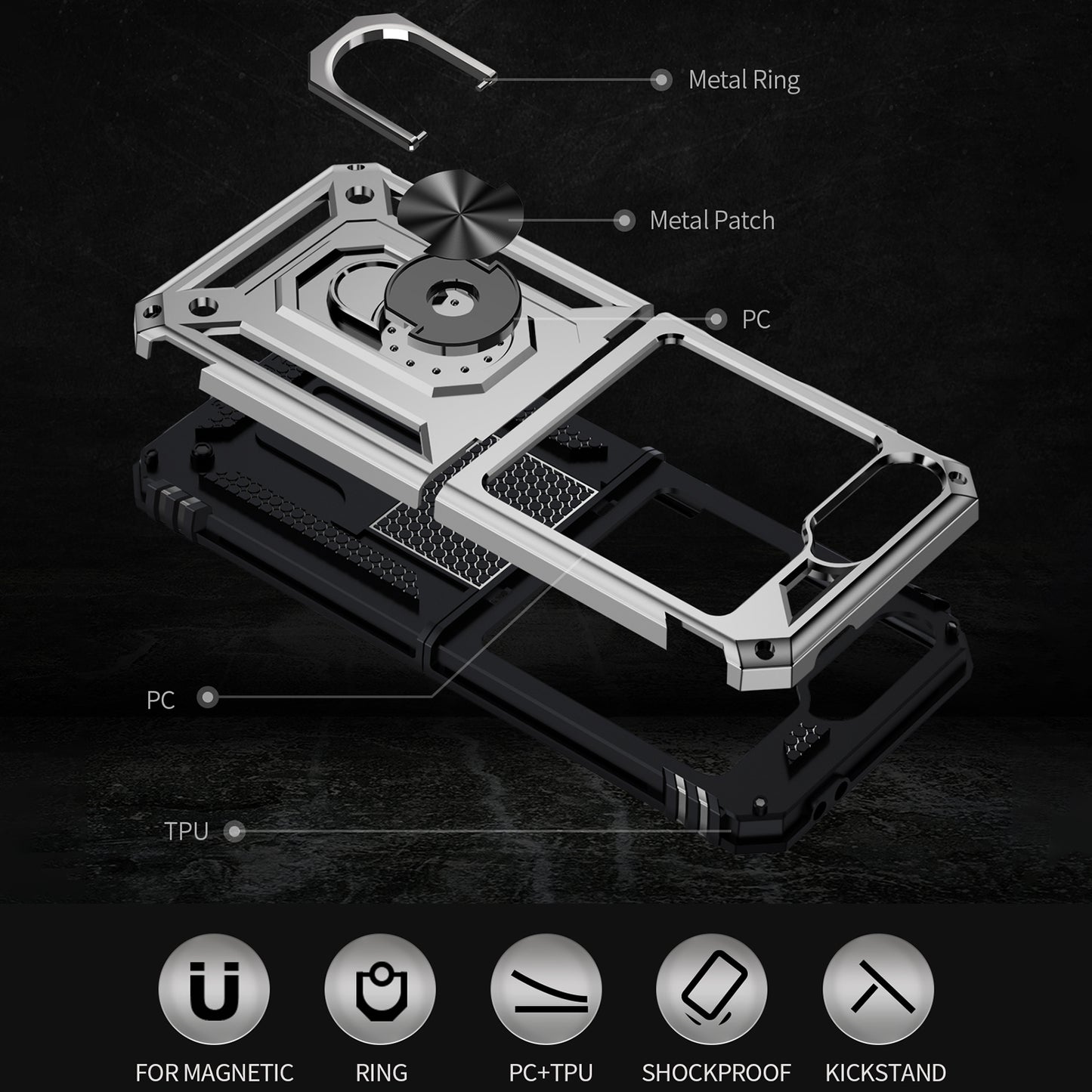 For Samsung Galaxy Z Flip5 5G Case TPU+PC Phone Cover with Ring Kickstand Drop Protection - Silver