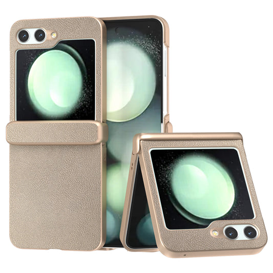 For Samsung Galaxy Z Flip6 5G Case 3-in-1 PU Leather Coated PC Phone Cover with Hinge - Gold