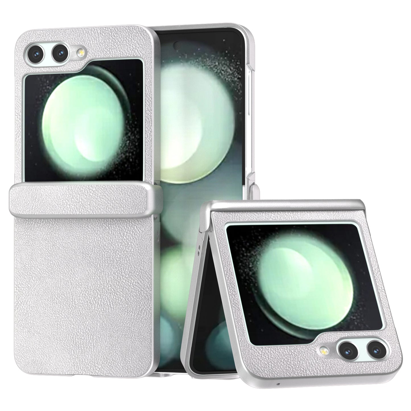 For Samsung Galaxy Z Flip6 5G Case 3-in-1 PU Leather Coated PC Phone Cover with Hinge - Silver