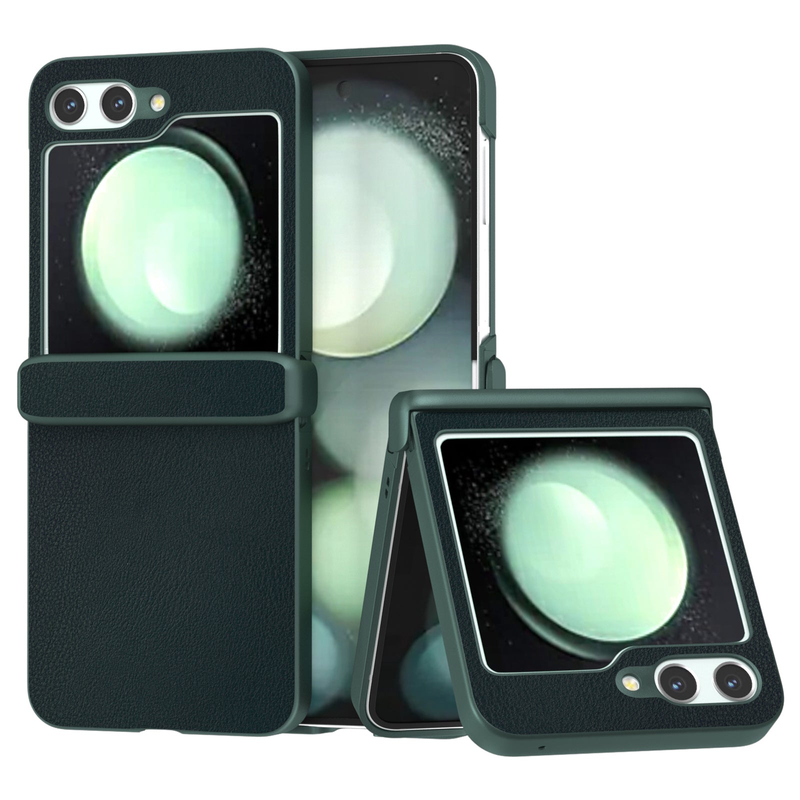 For Samsung Galaxy Z Flip6 5G Case 3-in-1 PU Leather Coated PC Phone Cover with Hinge - Dark Green