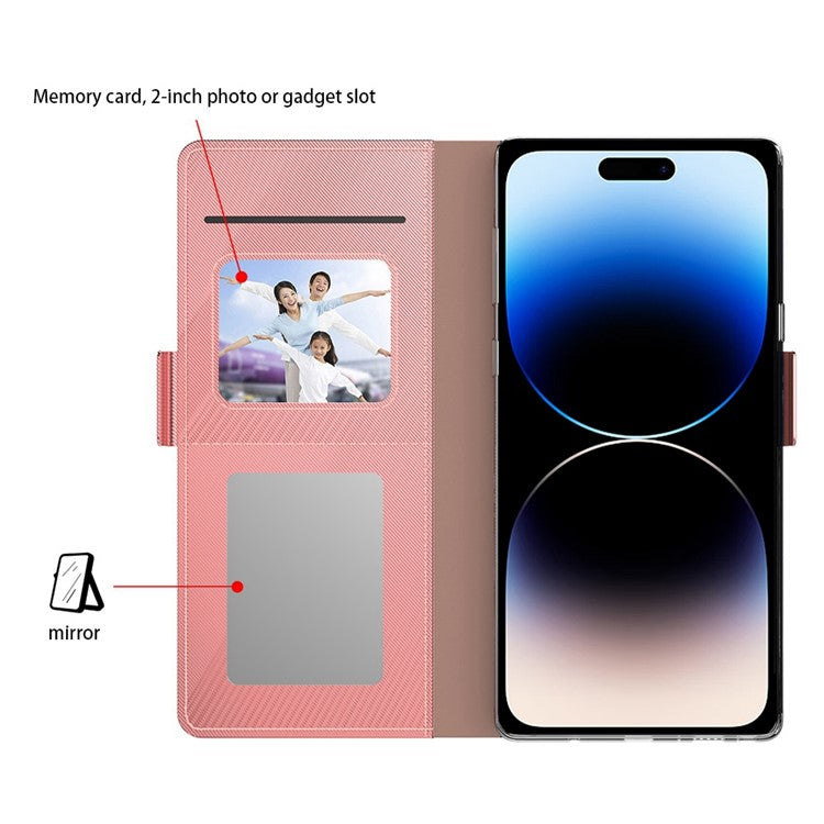 For iPhone 16 Pro Case Card Slot Mirror PU Leather Folio Phone Cover - Rose Gold