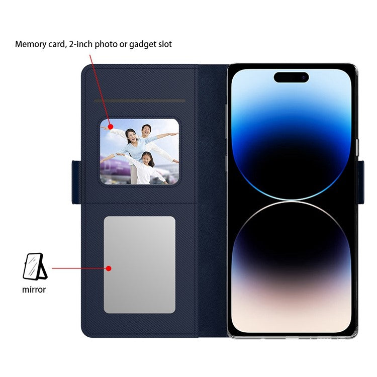 For iPhone 16 Pro Case Card Slot Mirror PU Leather Folio Phone Cover - Blue