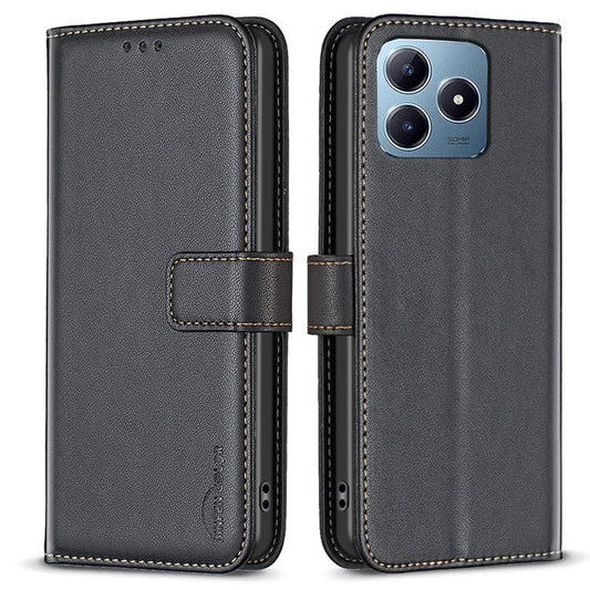 BINFEN COLOR BF17 For Realme C63 4G / C61 4G Leather Case Wallet Stand Phone Cover - Black