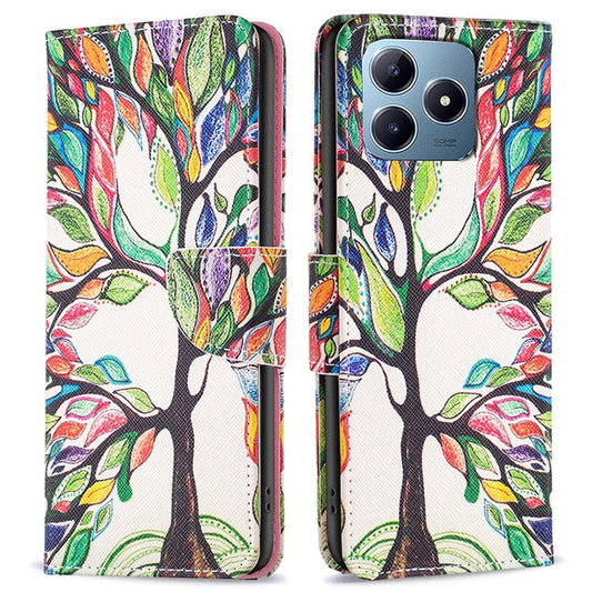 For Realme C61 4G / C63 4G Case Pattern PU Leather Phone Cover Card Slots Folding Stand - Life Tree