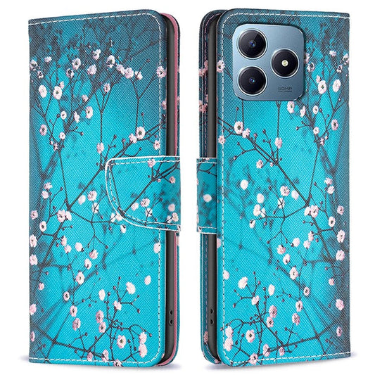 For Realme C61 4G / C63 4G Case Pattern PU Leather Phone Cover Card Slots Folding Stand - Plum Blossom