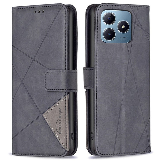 BINFEN COLOR BF05 For Realme C61 4G / C63 4G Case Geometric PU Leather Phone Cover with Magnetic Clasp - Black