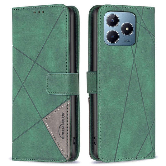 BINFEN COLOR BF05 For Realme C61 4G / C63 4G Case Geometric PU Leather Phone Cover with Magnetic Clasp - Green