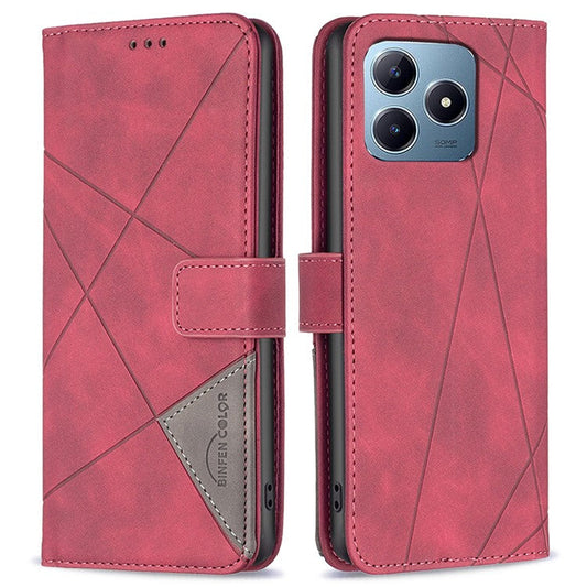 BINFEN COLOR BF05 For Realme C61 4G / C63 4G Case Geometric PU Leather Leather Phone Cover with Magnetic Clasp - Red