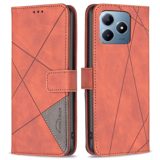 BINFEN COLOR BF05 For Realme C61 4G / C63 4G Case Geometric PU Leather Phone Cover with Magnetic Clasp - Brown