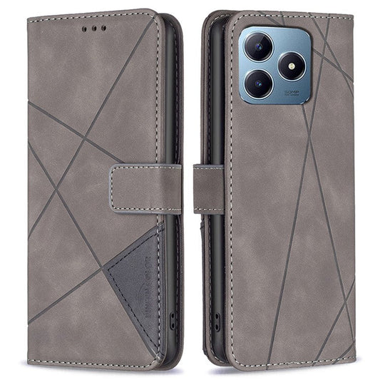 BINFEN COLOR BF05 For Realme C61 4G / C63 4G Case Geometric PU Leather Phone Cover with Magnetic Clasp - Grey