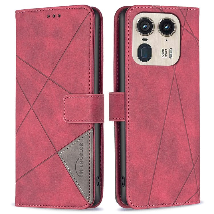 BINFEN COLOR BF05 For Motorola Edge 50 Ultra 5G / Moto X50 Ultra 5G Case Leather Phone Cover Geometry Imprinted - Red