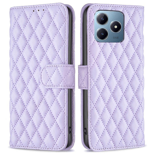 BINFEN COLOR BF Style-14 For Realme C61 4G / C63 4G Case Leather Phone Cover Rhombus Grid Wallet - Purple