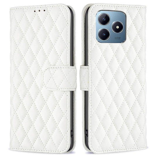 BINFEN COLOR BF Style-14 For Realme C61 4G / C63 4G Case Leather Phone Cover Rhombus Grid Wallet - White