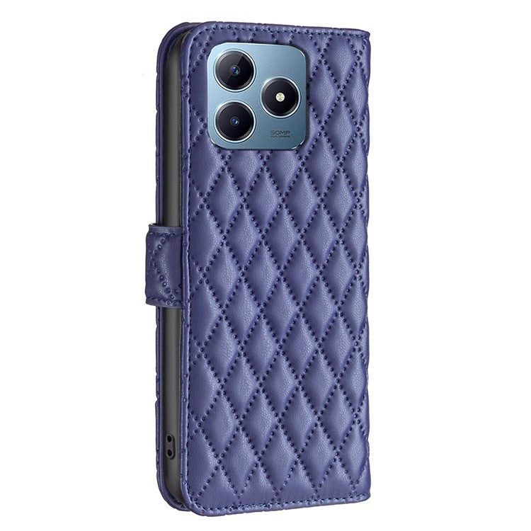 BINFEN COLOR BF Style-14 For Realme C61 4G / C63 4G Case Leather Phone Cover Rhombus Grid Wallet - Blue