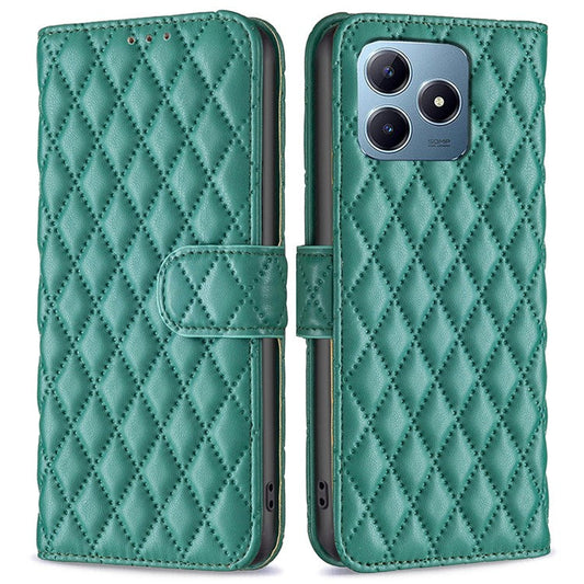 BINFEN COLOR BF Style-14 For Realme C61 4G / C63 4G Case Leather Phone Cover Rhombus Grid Wallet - Green