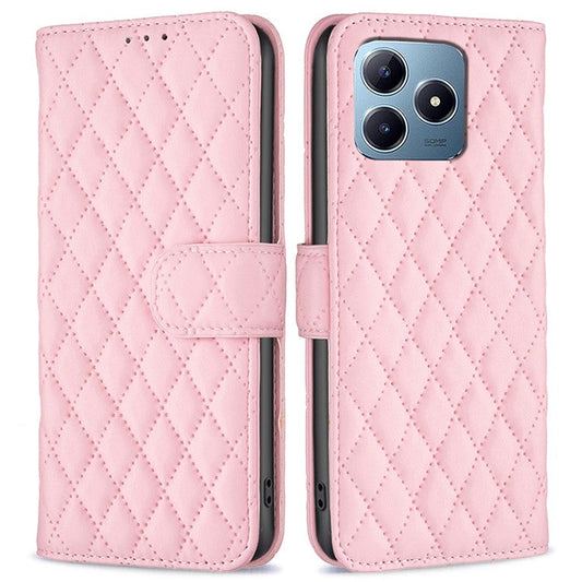 BINFEN COLOR BF Style-14 For Realme C61 4G / C63 4G Case Leather Phone Cover Rhombus Grid Wallet - Pink