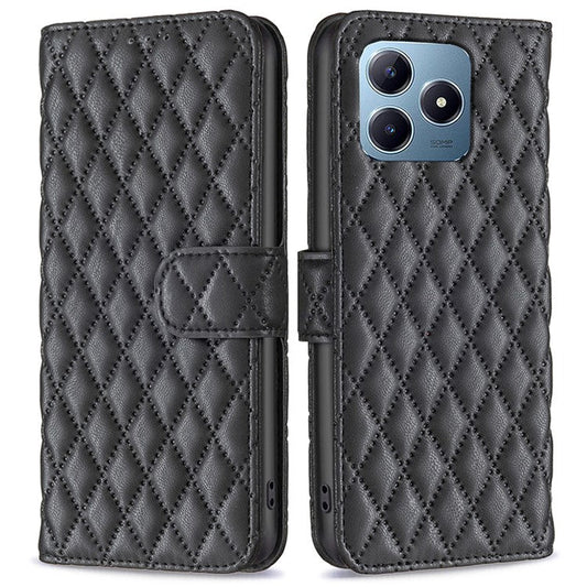 BINFEN COLOR BF Style-14 For Realme C61 4G / C63 4G Case Leather Phone Cover Rhombus Grid Wallet - Black