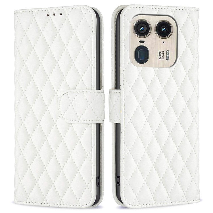 BINFEN COLOR BF Style-14 For Motorola Edge 50 Ultra 5G / Moto X50 Ultra 5G Case Rhombus Grid Folio Leather Cell Phone Cover - White