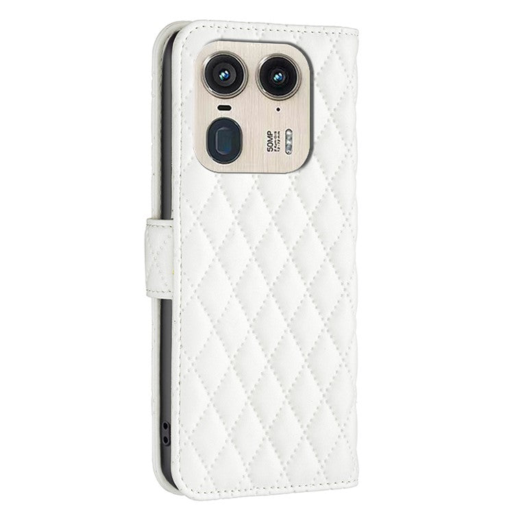 BINFEN COLOR BF Style-14 For Motorola Edge 50 Ultra 5G / Moto X50 Ultra 5G Case Rhombus Grid Folio Leather Cell Phone Cover - White