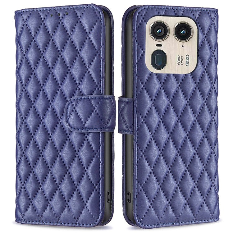BINFEN COLOR BF Style-14 For Motorola Edge 50 Ultra 5G / Moto X50 Ultra 5G Case Rhombus Grid Folio Leather Cell Phone Cover - Blue