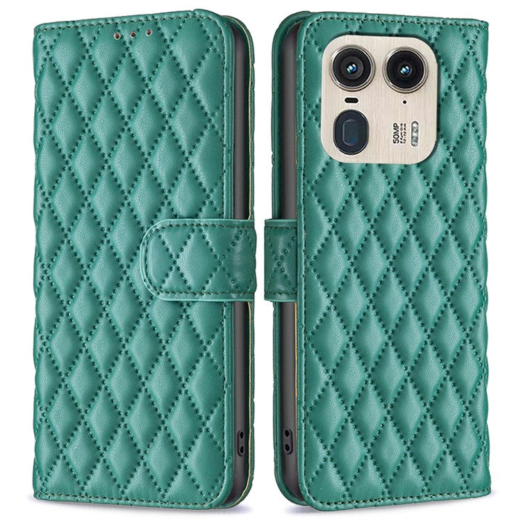 BINFEN COLOR BF Style-14 For Motorola Edge 50 Ultra 5G / Moto X50 Ultra 5G Case Rhombus Grid Folio Leather Cell Phone Cover - Green