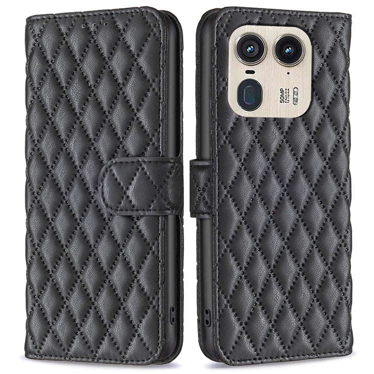 BINFEN COLOR BF Style-14 For Motorola Edge 50 Ultra 5G / Moto X50 Ultra 5G Case Rhombus Grid Folio Leather Cell Phone Cover - Black