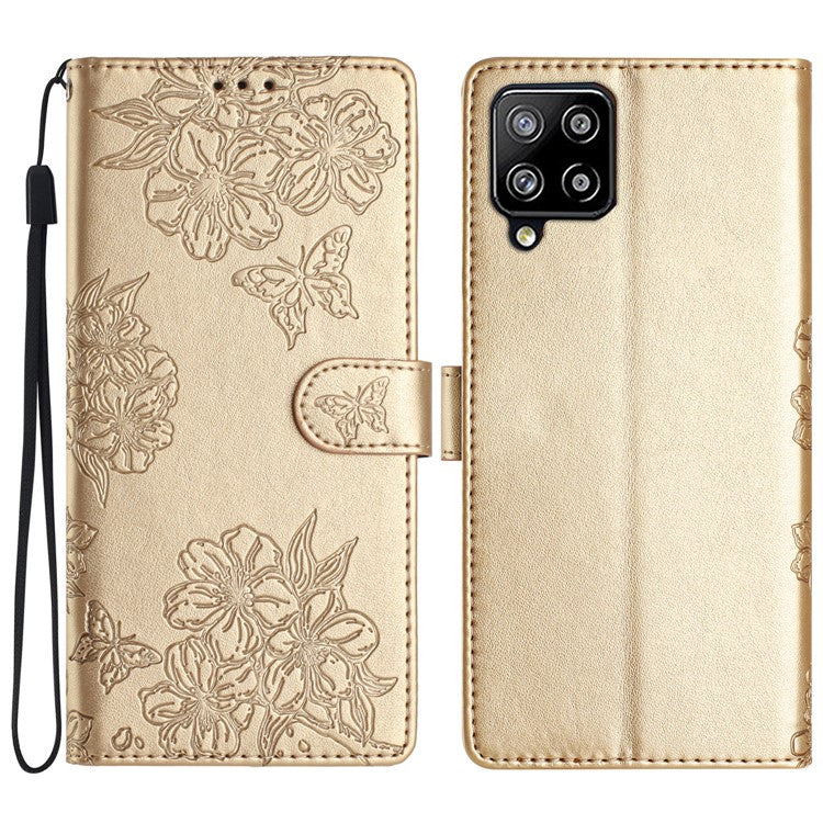 For Samsung Galaxy A22 4G (EU Version) Case Sakura Butterfly Imprint Leather Wallet Phone Cover - Gold