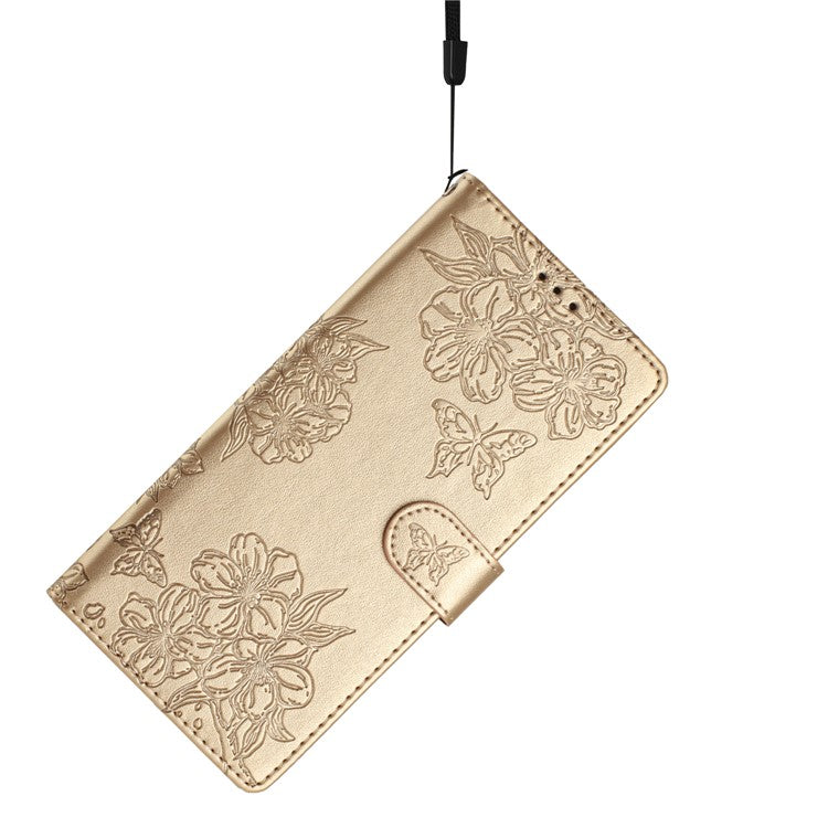 For Samsung Galaxy A22 4G (EU Version) Case Sakura Butterfly Imprint Leather Wallet Phone Cover - Gold