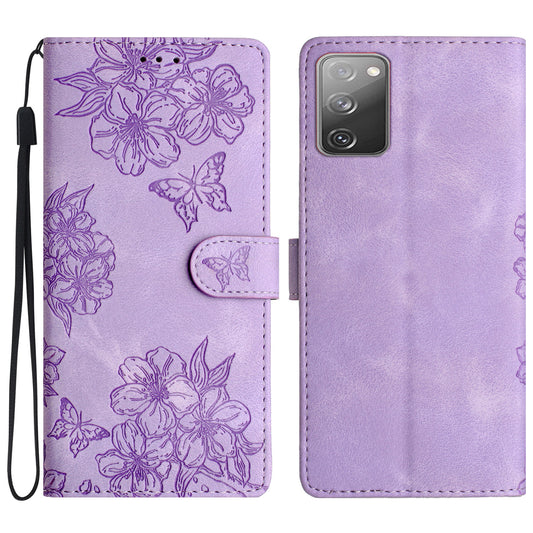 For Samsung Galaxy S20 FE / S20 FE 5G / S20 FE 2022 / S20 Lite Case Sakura Butterfly Imprint Leather Wallet Phone Cover - Purple