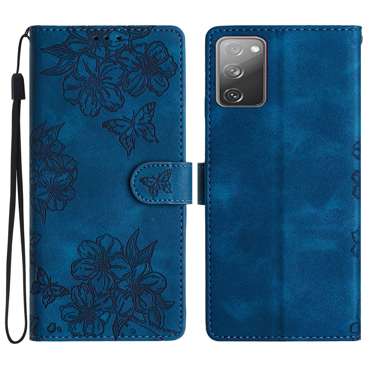 For Samsung Galaxy S20 FE / S20 FE 5G / S20 FE 2022 / S20 Lite Case Sakura Butterfly Imprint Leather Wallet Phone Cover - Blue