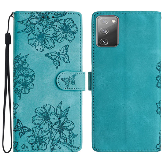 For Samsung Galaxy S20 FE / S20 FE 5G / S20 FE 2022 / S20 Lite Case Sakura Butterfly Imprint Leather Wallet Phone Cover - Green