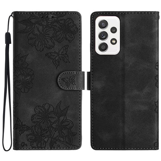 For Samsung Galaxy A33 5G Case Sakura Butterfly Pattern Leather Wallet Mobile Phone Cover - Black