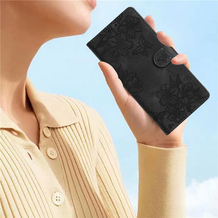 For Samsung Galaxy A33 5G Case Sakura Butterfly Pattern Leather Wallet Mobile Phone Cover - Black