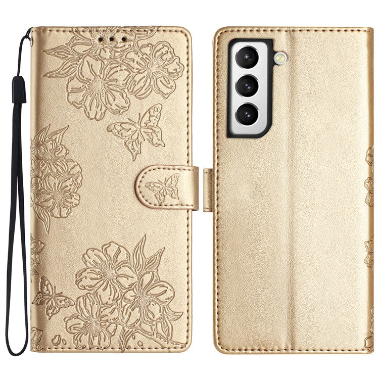 For Samsung Galaxy S21 FE 5G Case Stylish Imprinted Leather Wallet Stand Cell Phone Cover - Gold