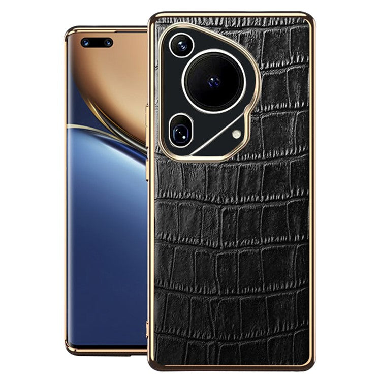For Huawei Pura 70 Ultra Case Crocodile Texture Anti-Fall Genuine Cow Leather+TPU Phone Cover - Black