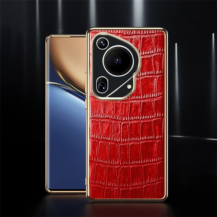 For Huawei Pura 70 Ultra Case Crocodile Texture Anti-fall Genuine Cow Leather+TPU Phone Cover - Red