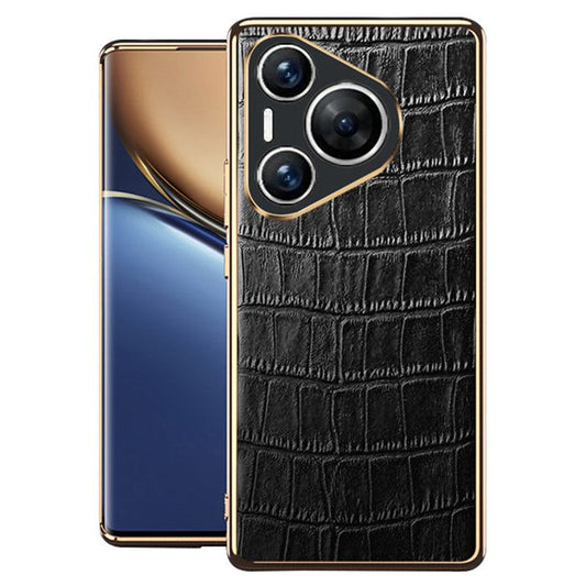 For Huawei Pura 70 Case Crocodile Texture Genuine Cow Leather+TPU Phone Cover - Black