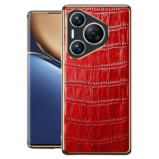 For Huawei Pura 70 Case Crocodile Texture Genuine Cow Leather+TPU Phone Cover - Red