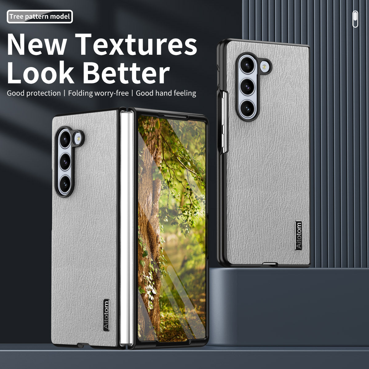 For Samsung Galaxy Z Fold6 5G Case Leather+PC+TPU Hybrid Phone Cover Wood Texture - Grey