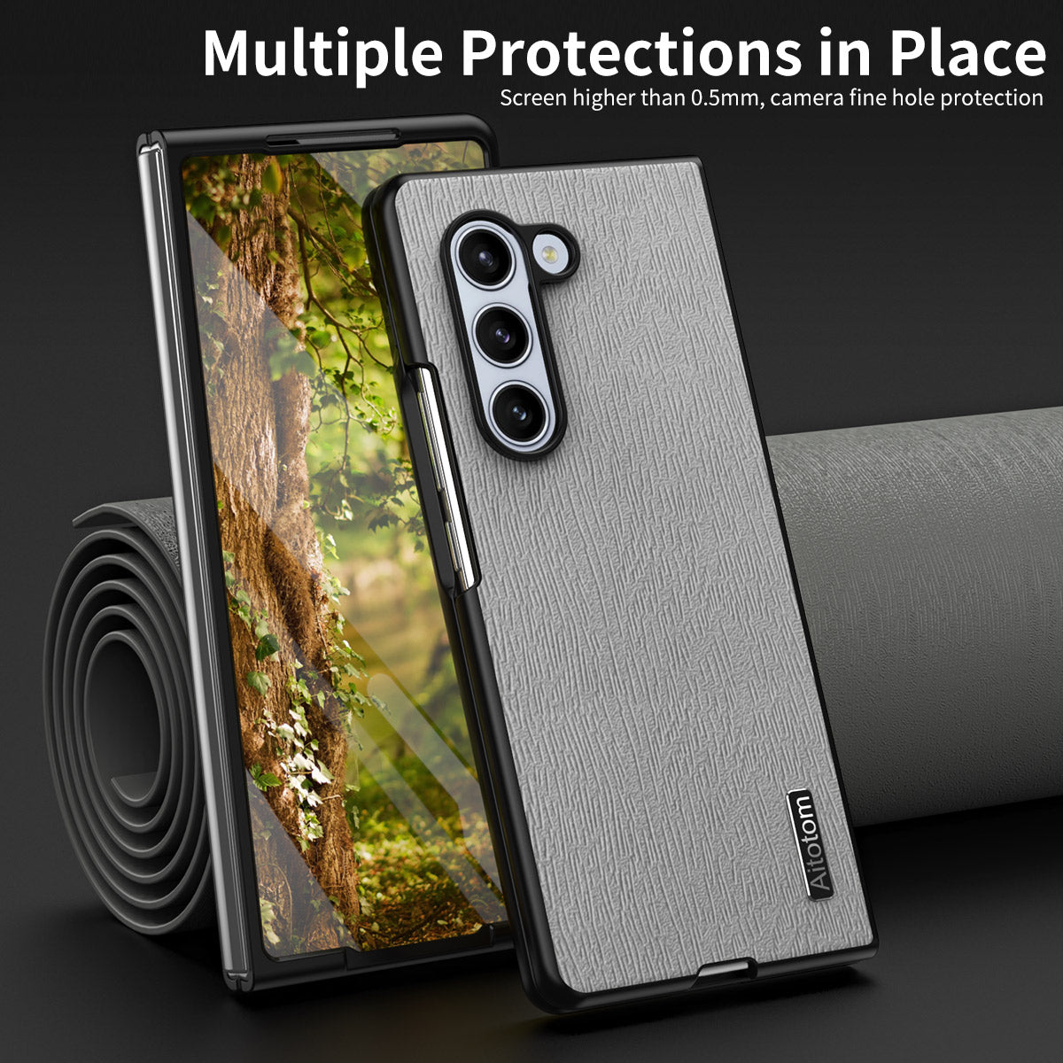 For Samsung Galaxy Z Fold6 5G Case Leather+PC+TPU Hybrid Phone Cover Wood Texture - Grey