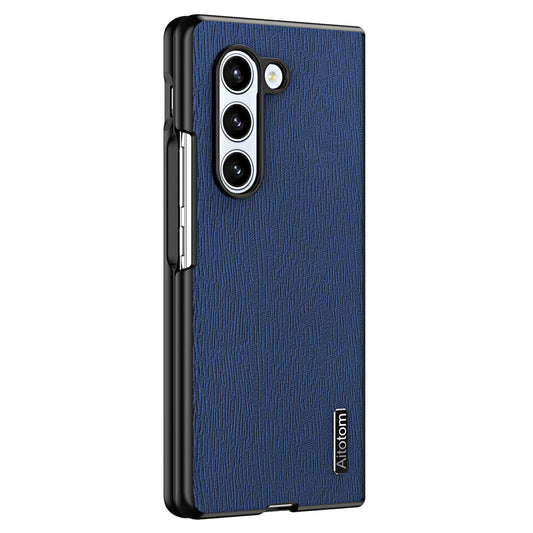 For Samsung Galaxy Z Fold6 5G Case Leather+PC+TPU Hybrid Phone Cover Wood Texture - Blue