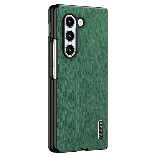 For Samsung Galaxy Z Fold6 5G Case Leather+PC+TPU Hybrid Phone Cover Wood Texture - Green
