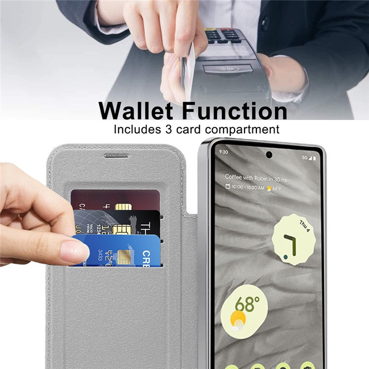 For Google Pixel 7a Magnetic Case RFID Blocking Card Holder Leather Phone Cover - Titanium Grey