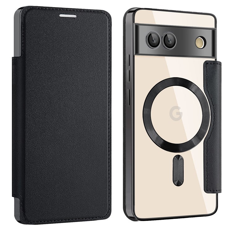 For Google Pixel 7a Magnetic Case Compatible with MagSafe Card Holder Leather Phone Cover - Black
