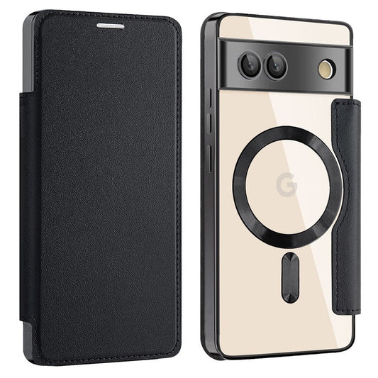For Google Pixel 7a Magnetic Case Compatible with MagSafe Card Holder Leather Phone Cover - Black